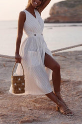 Taschen, Knopf, V-Ausschnitt, Midi-Kleid